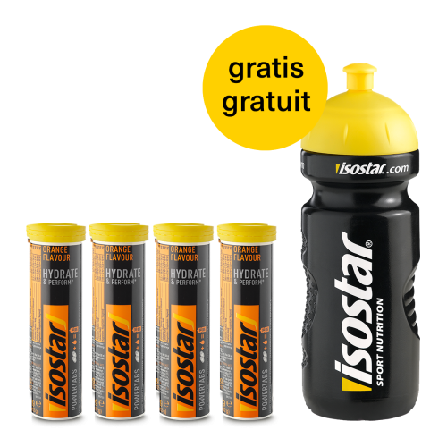 Isostar Powertabs Orange - isotonisches Sportgetränk Iso Powertabs Orange 4x Set + Bidon
