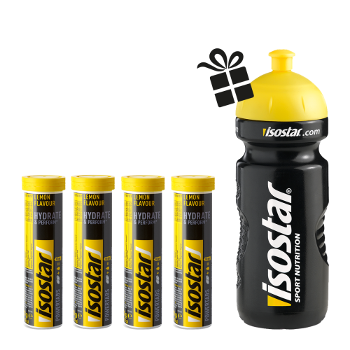 Isostar Powertabs Lemon - isotonisches Sportgetränk Isostar Powertabs Lemon 4x Set + Bidon
